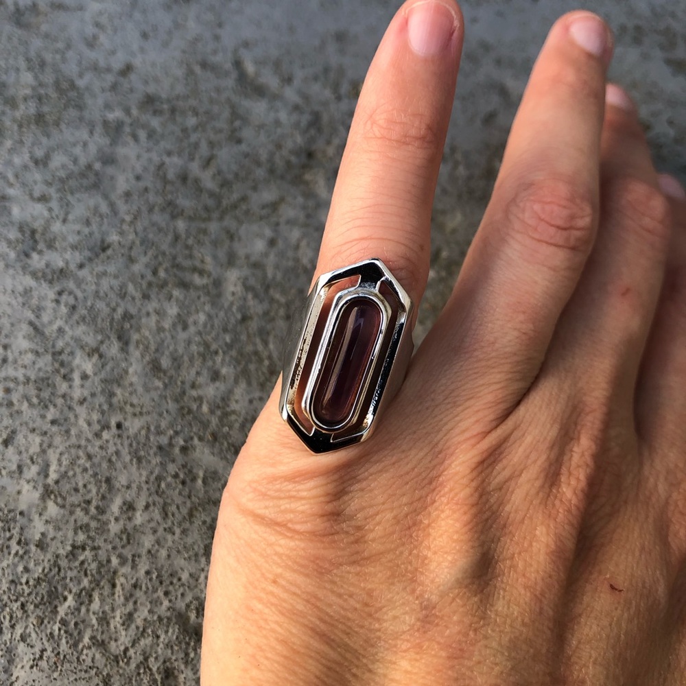 Silver Elongated Hexagon Ring with Peach Stone - Picture 5 of 15